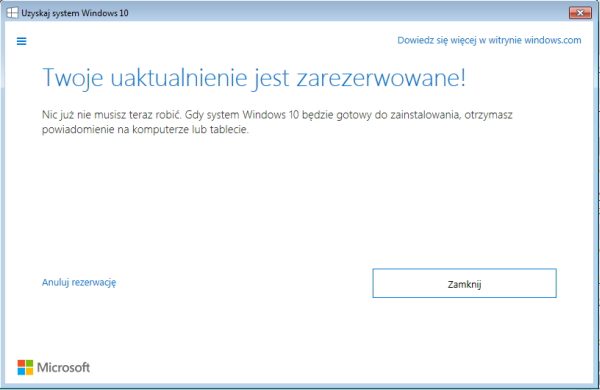 Potwierdzenie rezerwacja Windows 10